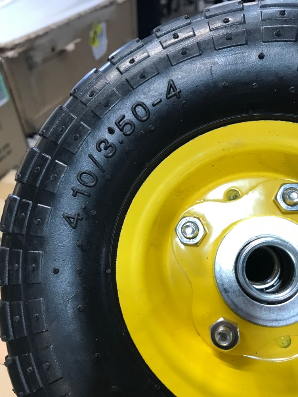 Photo 4 of (4 Pack) AR-PRO 4.10/3.50-4" All Purpose Utility Air Tires and yellow Wheel - with 10" Inner Tube, 5/8" Axle Bore Hole, 2.2" Offset Hub and Double Sealed Bearings for Hand Trucks and Gorilla Cart