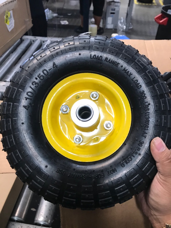 Photo 2 of (4 Pack) AR-PRO 4.10/3.50-4" All Purpose Utility Air Tires and yellow Wheel - with 10" Inner Tube, 5/8" Axle Bore Hole, 2.2" Offset Hub and Double Sealed Bearings for Hand Trucks and Gorilla Cart