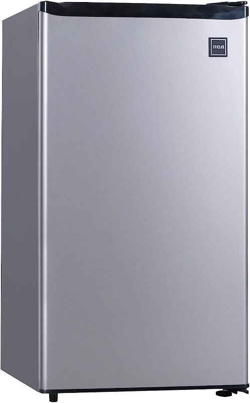 Photo 1 of **NON-FUNCTIONAL*** RCA RFR322 Mini Refrigerator, Compact Freezer Compartment, Adjustable Thermostat Control, Reversible Door, Ideal Fridge for Dorm, Office, Apartment, Platinum Stainless, 3.2 Cubic Feet
