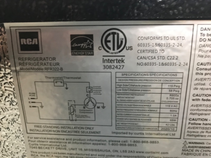 Photo 3 of **NON-FUNCTIONAL*** RCA RFR322 Mini Refrigerator, Compact Freezer Compartment, Adjustable Thermostat Control, Reversible Door, Ideal Fridge for Dorm, Office, Apartment, Platinum Stainless, 3.2 Cubic Feet
