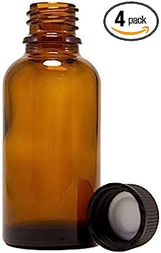 Photo 1 of (Pack of 30) -  Amber Glass Bottles for Essential Oils - Mini Boston Round Bottles with Lids - Black Plastic Cap
