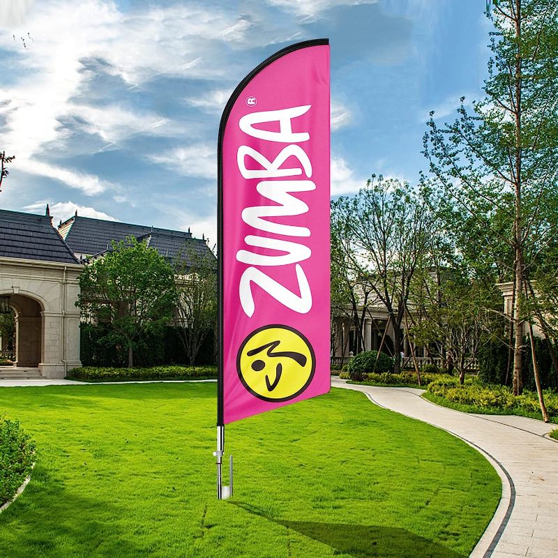 Photo 1 of QSUM Zumba Themed Swooper Flag, 11FT Zumba Advertising Feather Flag with Pole Kit, Ground Spike and Hand Bag, Zumba Banner Signs for Businesses and Storefronts