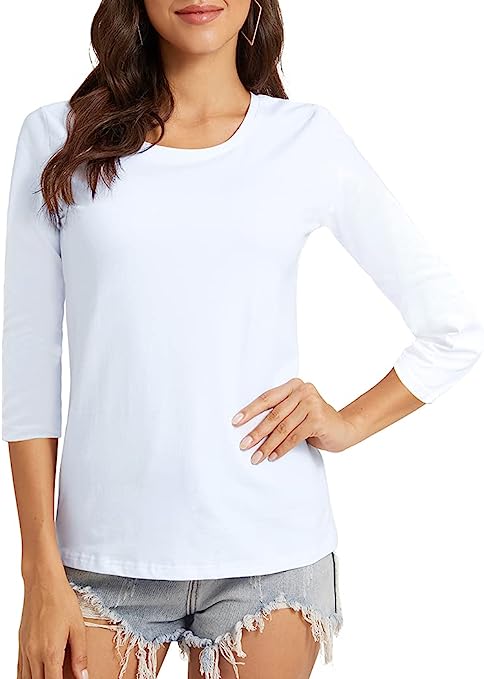 Photo 1 of VIIOO Women's Basic 3/4 Sleeve Crew Neck T-Shirt Casual Solid Slim Cotton Top LARGE SIZE
