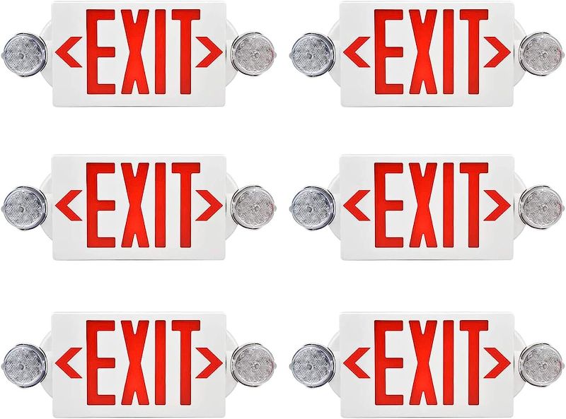 Photo 1 of Pendtlit Red LED Exit Sign Emergency Lights with 2 Adjustable Head Lights, Red Letter Emergency Exit Lighting With Battery backup For Restaurant, Commercial, Family Emergency , UL-Listed, 120-277V, 6PCS