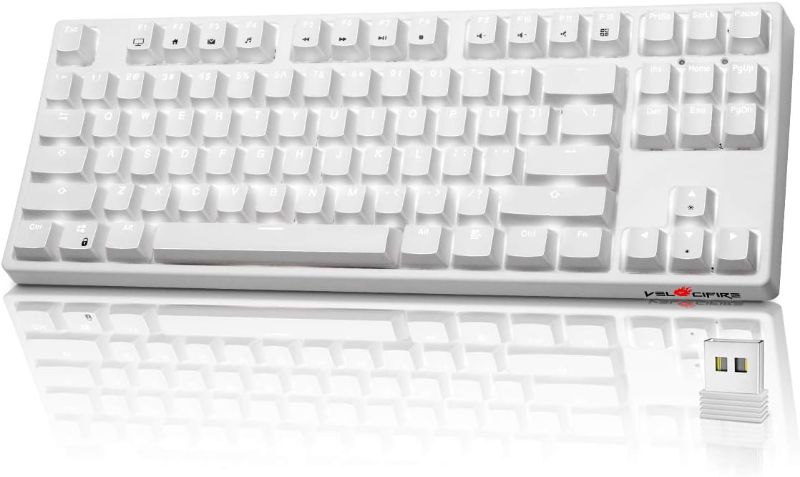 Photo 1 of VELOCIFIRE Wireless Mechanical Keyboard, TKL02WS 87 Key Linear Brown Switches Mechanical Gaming Keyboard with White LED Backlit for Copywriters, Typists, and Programmers(White)
