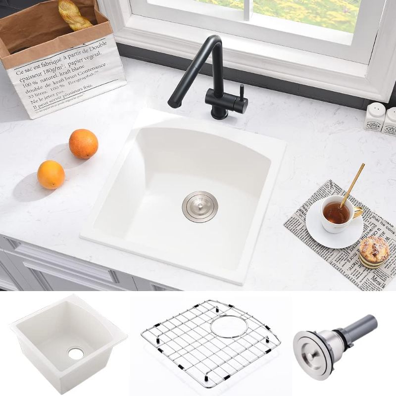 Photo 1 of 18 Inch Bar Sink Drop In - VASOYO 18"x18" White Drop in Bar Sink Topmount Kitchen Sink Granite Kitchen Sink Single Bowl Rv Kitchen Sink Outdoor Sink with Bottom Grid & Drain
