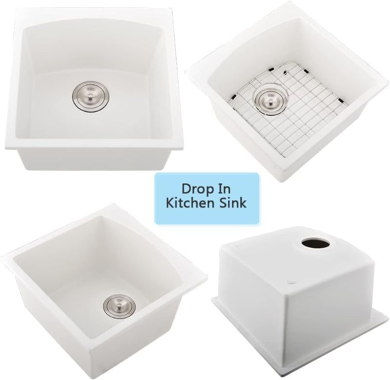 Photo 2 of 18 Inch Bar Sink Drop In - VASOYO 18"x18" White Drop in Bar Sink Topmount Kitchen Sink Granite Kitchen Sink Single Bowl Rv Kitchen Sink Outdoor Sink with Bottom Grid & Drain
