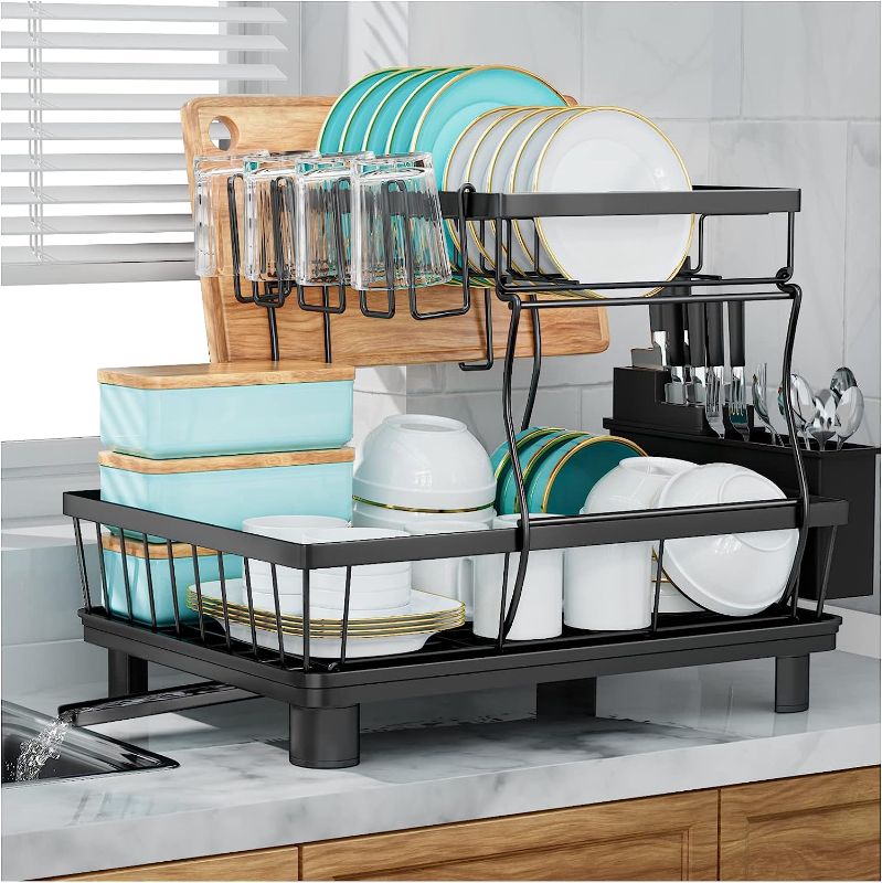 Photo 1 of 7 code 2-Tier Dish Drying Rack for Kitchen Counter,Detachable Large Capacity Dish Drainer Organizer with Utensil Holder, Drain Board,Black
