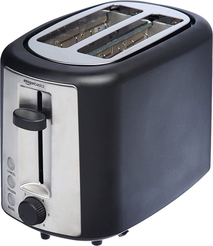Photo 1 of *** POWERS ON *** Amazon Basics 2 Slice, Extra-Wide Slot Toaster with 6 Shade Settings, Black & Silver
