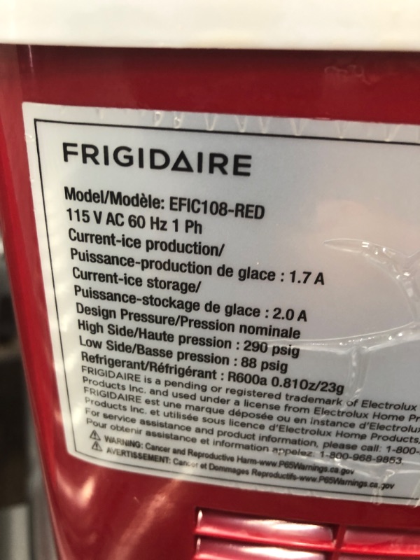 Photo 5 of *** POWERS ON *** Frigidaire EFIC108-RED Compact Ice Maker (Red) Red Ice Maker