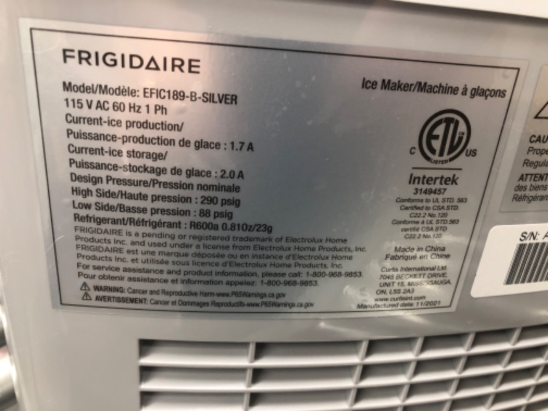 Photo 4 of *** POWERS ON *** FRIGIDAIRE EFIC189-Silver Compact Ice Maker, 26 lb per Day, Silver (Packaging May Vary) Silver Ice Maker