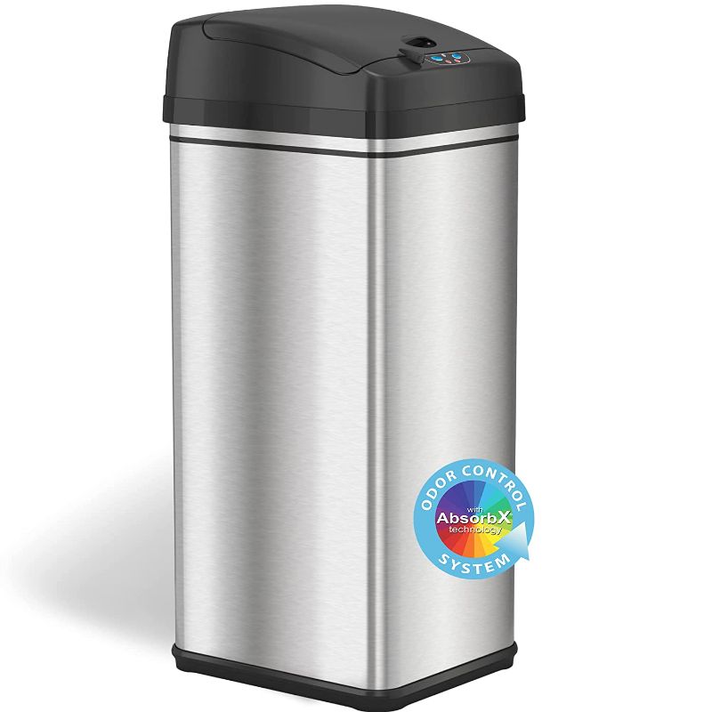 Photo 1 of **SEE NOTES**
iTouchless 13 Gallon Automatic Trash Can with Odor-Absorbing Filter and Lid Lock, Power by Batteries (not included) or Optional AC Adapter (sold separately), Black / Stainless Steel
