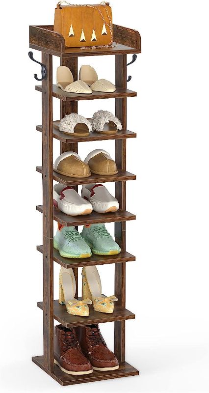 Photo 1 of Flydem Vertical shoe rack tower slim entryway stand narrow tall 8 Tiers wooden modern organizer saving space storage (color:Rustic brown)
