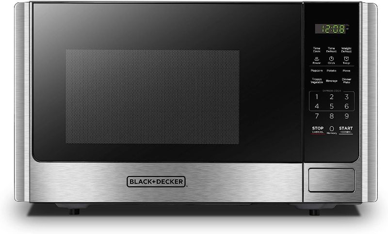 Photo 1 of BLACK+DECKER Digital Microwave Oven with Turntable Push-Button Door, Child Safety Lock, Stainless Steel, 0.9 Cu Ft
