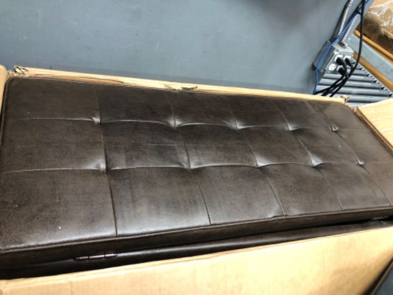 Photo 3 of **DAMAGE**SIMPLIHOME Cosmopolitan 44 inch WideTransitional Rectangle Storage Ottoman Bench with Open Bottom in Distressed Brown Faux Leather, for Living Room, Bedroom