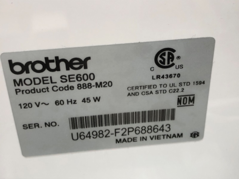 Photo 3 of *MISSING PARTS**LIKE NEW** Brother SE600 Sewing and Embroidery Machine, 80 Designs, 103 Built-In Stitches, Computerized, 4" x 4" Hoop Area, 3.2" LCD Touchscreen Display, 7 Included Feet