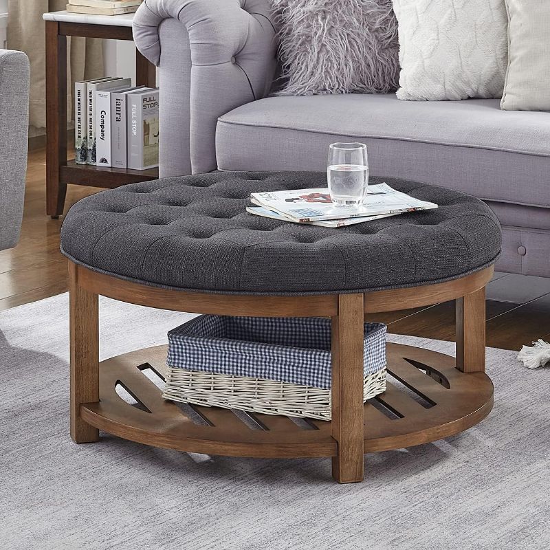 Photo 1 of 24KF Large Round Upholstered Tufted Linen Ottoman Coffee Table, Large Footrest Ottoman with Wood Shelf Storage-Charcoal
