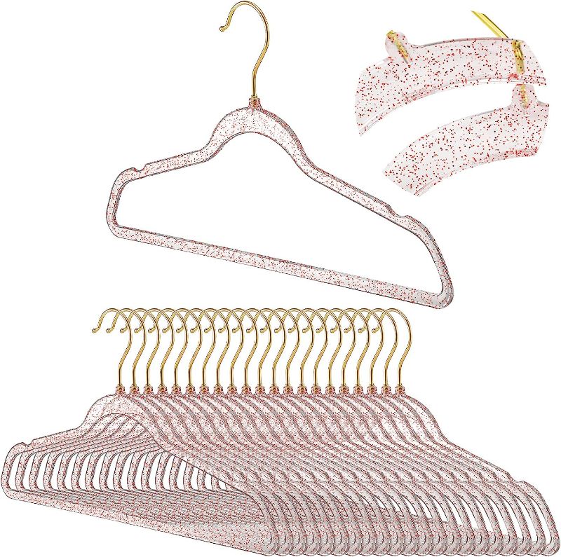 Photo 1 of 20 Pcs Clear Acrylic Hangers Plastic Glitter Coat Hanger Non Slip Space Saving Suit Hangers Heavy Duty Clothes Hanger with Non Slip Notches (Pink and Gold)
