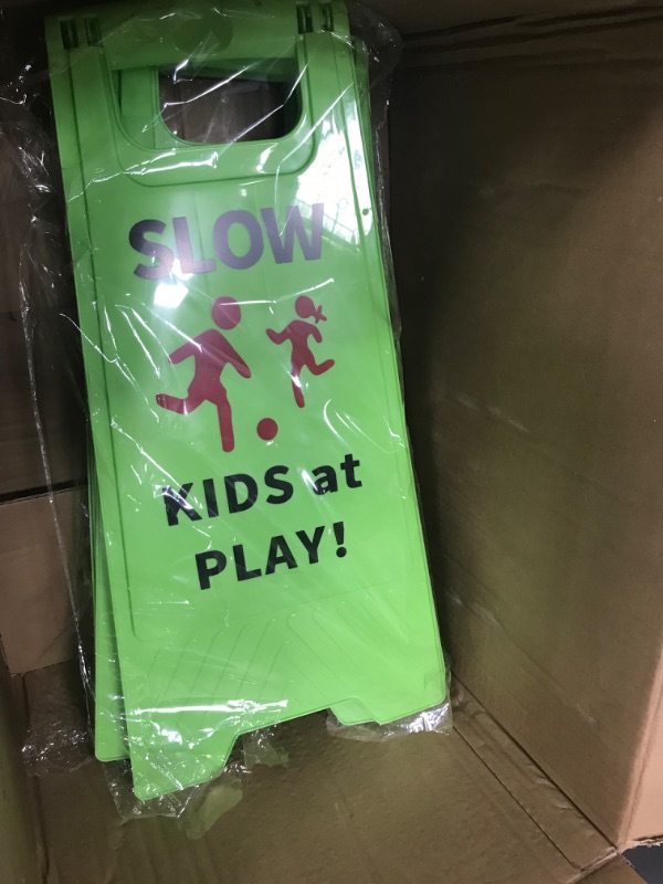 Photo 2 of Slow Kids at Play Sign, Children at Play Safety Signs with Double-Sided Text and Graphics for Street Neighborhoods Schools Park Sidewalk Driveway (3-Pack Green)