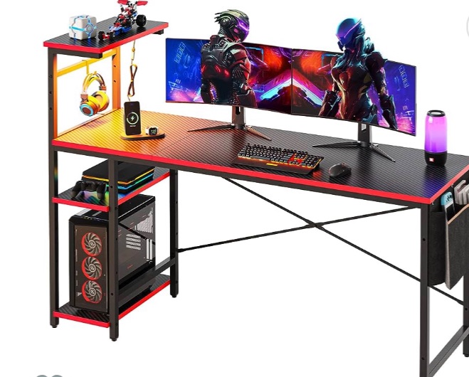 Photo 1 of Bestier Gaming Desk with Shelves, Large PC Gaming Table with LED Lights, 61 Inch LED Desk with 4 Tiers Reversible Storage Shelves and Side Storage Bag for Bedroom & Game Room (Black 3D Carbon Fiber)