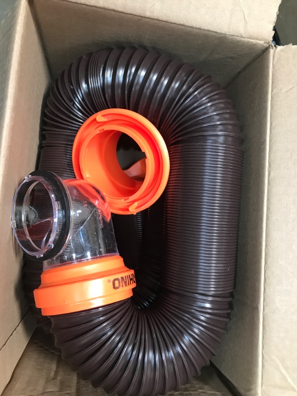 Photo 2 of Camco RhinoFLEX RV Sewer Hose Kit with Swivel Transparent Elbow and 4-in-1 Dump Station Fitting, Brown, 15 Feet (39770) 15ft Sewer Hose Kit Frustration-Free Packaging