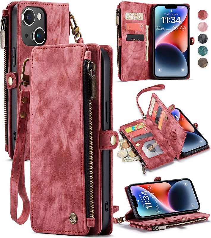 Photo 1 of Defencase for iPhone 14 Plus Case, iPhone 14 Plus Case Wallet for Women Men, Durable PU Leather Magnetic Buckle Flip Strap Wristlet Zipper Card Holder Wallet Phone Cases for iPhone 14 Plus [6.7"], Red
