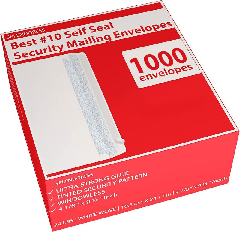 Photo 1 of 1000#10 Envelopes Letter Size - Self Seal Security Mailing Envelopes -Business White Tinted Peel and Seal -Pack Windowless, Legal Size Regular Plain Envelopes 4-1/8 x 9-1/2 Inches - 24 LB
