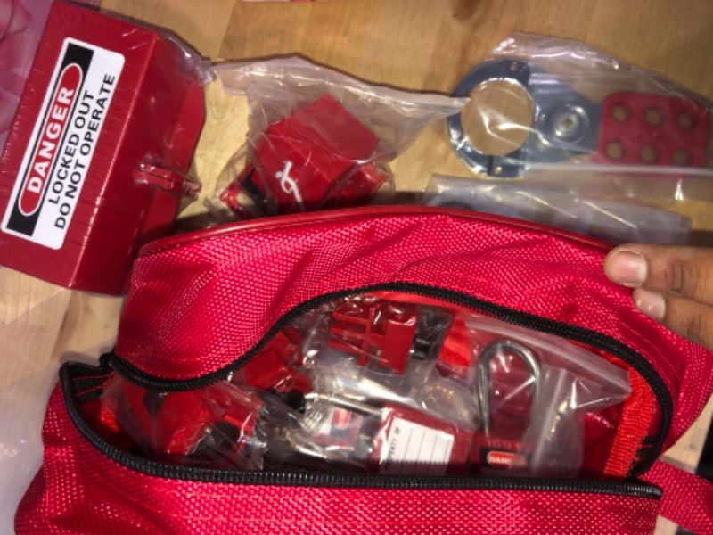 Photo 2 of Boviisky Electrical Lockout Tagout Kit Comes with Padlock, hasp, Circuit Breaker Lock, Switch Lock, tag Out, and Nylon tie.