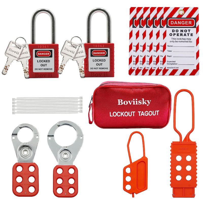 Photo 1 of Boviisky Electrical Lockout Tagout Kit Comes with Padlock, hasp, Circuit Breaker Lock, Switch Lock, tag Out, and Nylon tie.