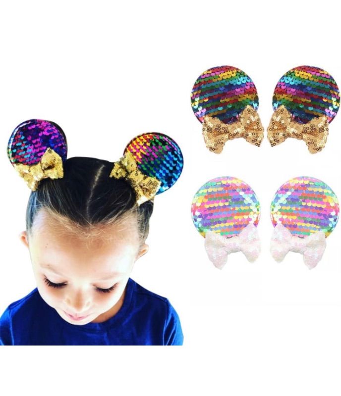 Photo 1 of BUNDLE OF 2
\JIAHANG Multicolor Mouse Ears Clips Sequin Bow Barrettes Rainbow Color Glittering Hair Accessories 2 Pairs for Children Girls Theme Costume Party Favor Decoration (rainbow set