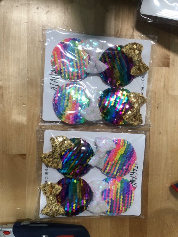 Photo 2 of BUNDLE OF 2
\JIAHANG Multicolor Mouse Ears Clips Sequin Bow Barrettes Rainbow Color Glittering Hair Accessories 2 Pairs for Children Girls Theme Costume Party Favor Decoration (rainbow set