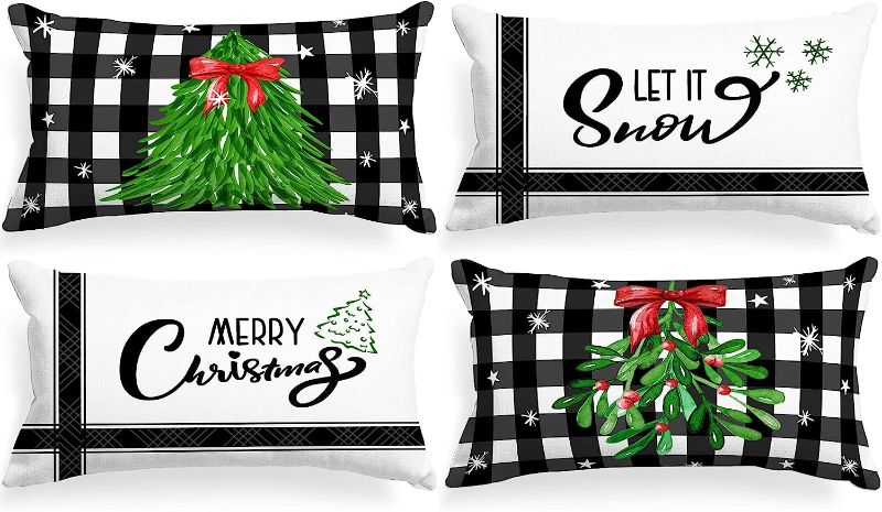 Photo 1 of 2 packs-Lanpn Winter Outdoor Christmas Lumbar Throw Pillow Covers 12x20 Set of 4, Decorative Waterproof Black and White Buffalo Plaid Long Holiday Cushion Cases Home Outside Porch Farmhouse Decor Decoration
