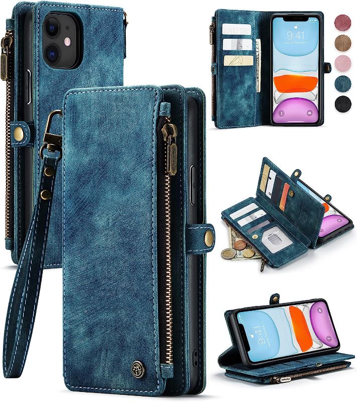 Photo 1 of 2-Defencase for iPhone 11 Case, iPhone 11 Wallet Case for Women Men, Durable PU Leather Magnetic Flip Lanyard Strap Wristlet Zipper Card Holder Wallet Phone Cases for iPhone 11 6.1-inch, Blue
