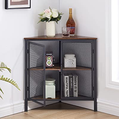 Photo 1 of MISSING HARDWARE**VECELO Corner Cabinet with Two Doors and Shelves, Free-Standing Storage Organizer for Small Space in Living Room/Bedroom/Kitchen, Brown and Black
