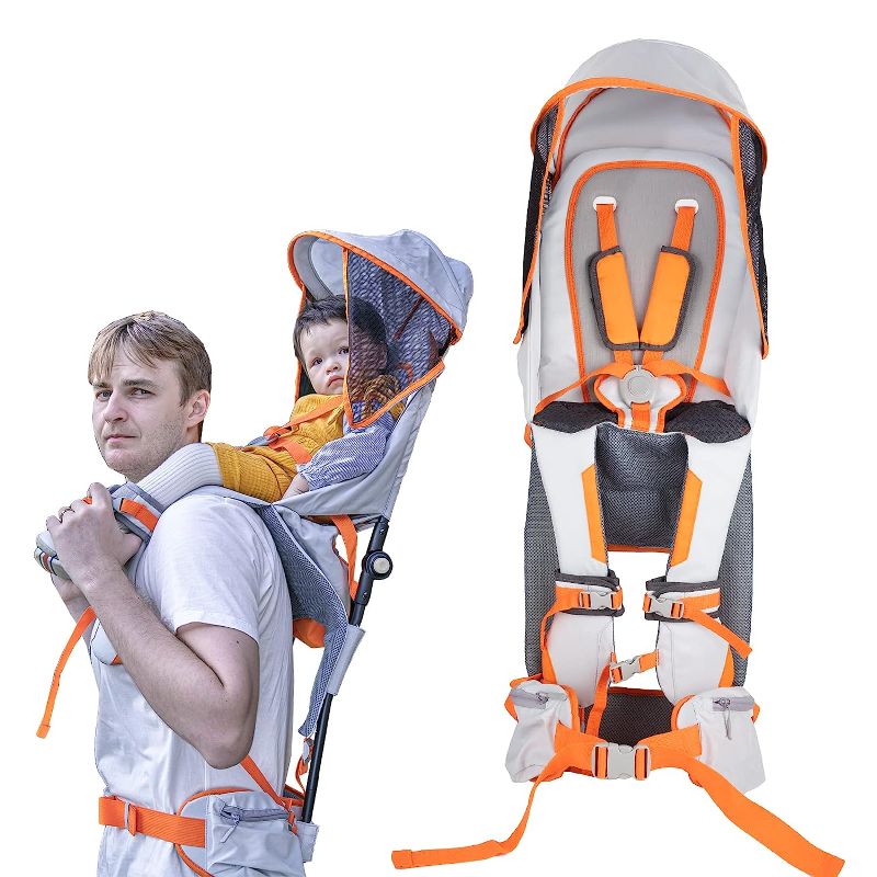 Photo 1 of Baby Shoulder Carrier Baby Hiking Backpack Carrier with Rain Cover Sun Shade for Child Safe Backrest and Toddler Ergonomic Seat Holds 40 Pound for Children Between 6 Months-3 Years Old Baby Orange