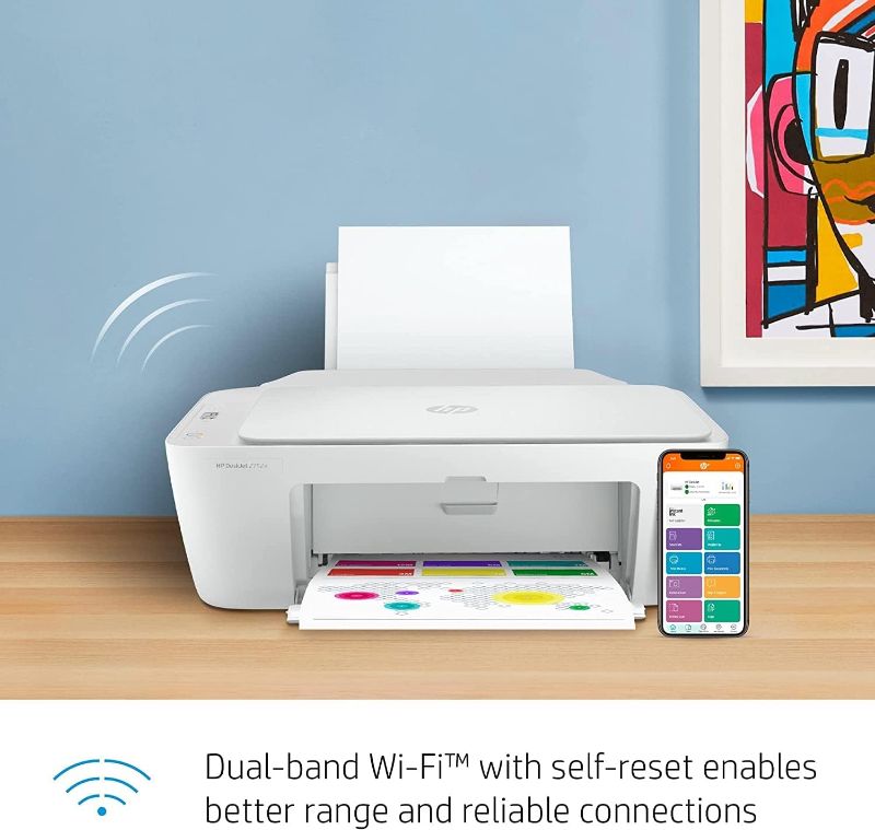 Photo 1 of HP DeskJet 2752e Wireless All-in-One Instant Ink Ready Color Inkjet Printer for Home Office, White - Print Scan Copy - Icon LCD Display, 1200 x 1200 dpi, WiFi, Bluetooth, USB, Cbmou Printer Cable
