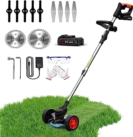 Photo 1 of *MISSING CHARGER***  Cordless Grass Trimmer Weed Wacker, 3-in-1 String Trimmer Lawn Edger with 21V 2Ah Li-ion Battery for Garden and Yard with Wheel, Lightweight Adjustable Height Weed Eater Tool(Black)
