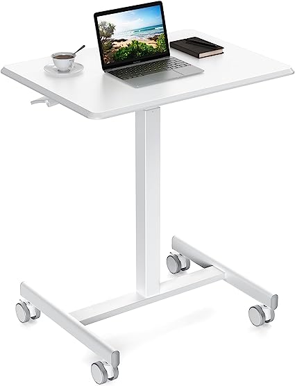 Photo 1 of Sweetcrispy Mobile Small Stading Desk - Sit Stand Desk, Portable Rolling Laptop Desk with Lockable Wheels, Computer Workstations, Adjustable Height, White
