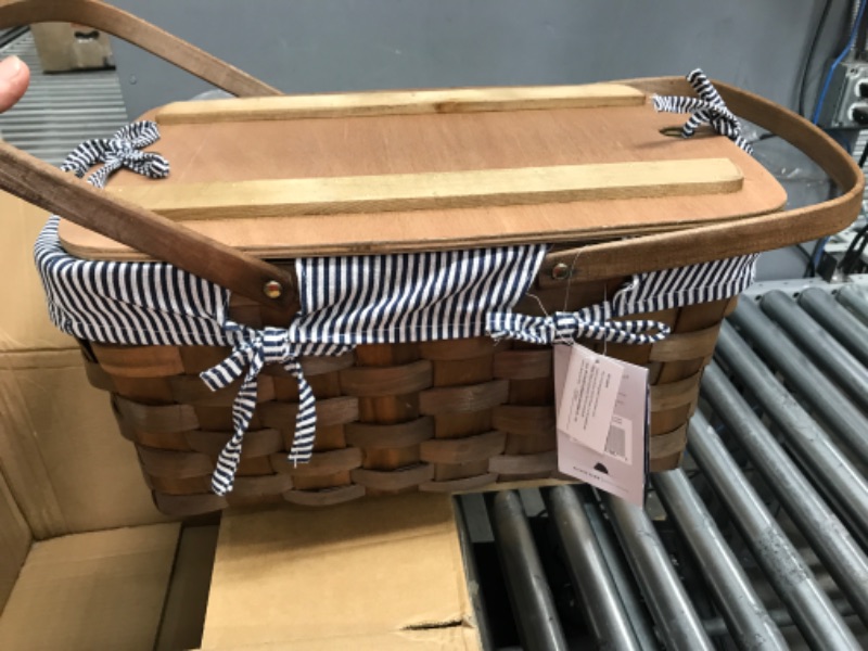 Photo 1 of PICNIC TIME Kansas Handwoven Wood Picnic Basket, Woven Basket with Tabletop Lid, Large Basket for Picnic Navy Blue & White Stripe