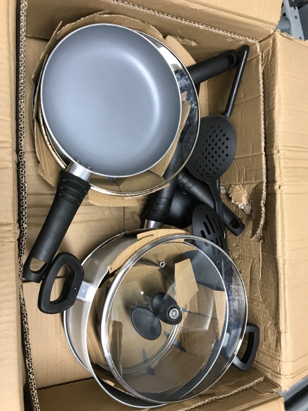 Photo 1 of **SEE NOTES**
BELLA Cookware Set, 12 Piece Pots and Pans with Utensils, Nonstick Scratch Resistant Cooking Surface Compatible with All Stoves, Nylon and Aluminum, Cream
