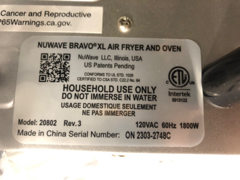 Photo 4 of *DOES NOT TURN ON* NUWAVE Bravo Air Fryer Toaster Smart Oven, 12-in-1 Countertop Convection, 30-QT XL Capacity, 50°-500°F Temperature Controls, Top and Bottom Heater Adjustments 0%-100%, Brushed Stainless Steel Look