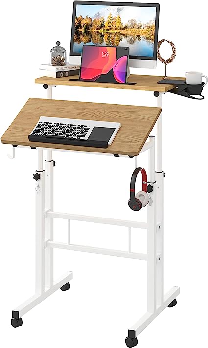 Photo 1 of Klvied Stand Up Desk on Wheels, Portable Computer Desk for Home Office,Rolling Desk for Laptop with Removable Cup Holder, Adjustable Laptop Cart for Standing or Sitting,Khaki
