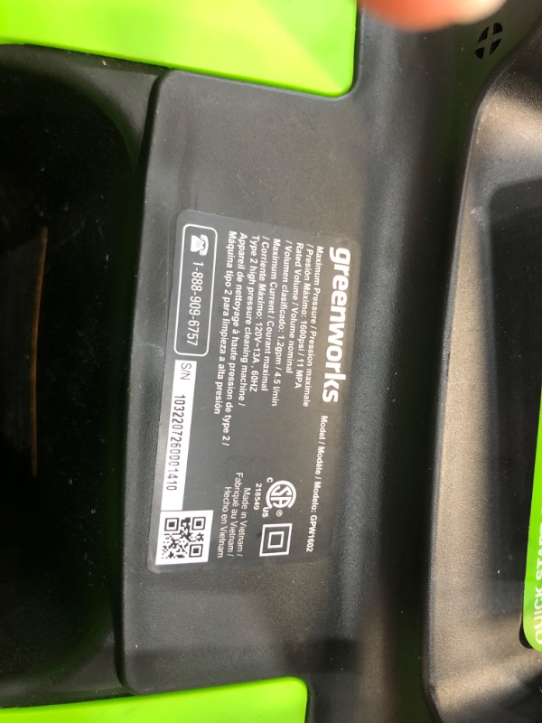 Photo 3 of ***PARTS ONLY NOT FUNCTIONAL***Greenworks 1600 PSI 1.2 GPM Pressure Washer (Upright Hand-Carry) PWMA Certified