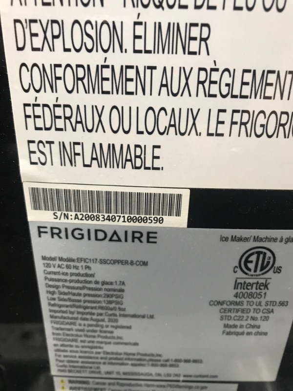 Photo 5 of (PARTS ONLY)Tested / little dirty *** Frigidaire EFIC117-SSCOPPER-COM Stainless Steel Ice Maker, 26lb per day, COPPER STAINLESS