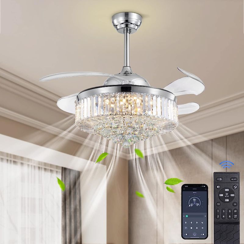 Photo 1 of 42 Inches Dimmable Fandelier Reverse Crystal Ceiling Fan with Lights, Siljoy Modern Invisible Retractable Chandelier Fan Quiet LED Ceiling Fan Light Kit for Bedroom Living Dining Room, Polished Chrome
