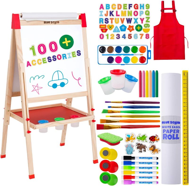 Photo 1 of Easel for Kids Including 100+ Accessories, Kids Easel Double Sided Wooden, White Board & Magnetic Drawing Board & Paper Roll, Height Adjustable Standing Art Easel for Kids 2-4 4-8 9-12