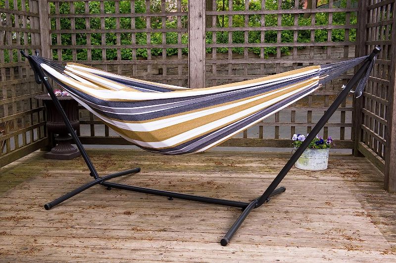 Photo 1 of *COLOR MAY VARY*Vivere Double Cotton Hammock with Space Saving Steel Stand, Desert Moon with Charcoal Frame (450 lb Capacity, 110"L x 47"W 