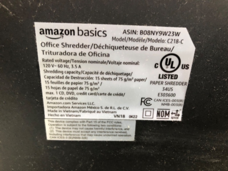 Photo 6 of Amazon Basics 15-Sheet Cross Cut Paper Shredder and Credit Card CD Shredder with 6 Gallon Bin 15 Sheet - new model Shredder