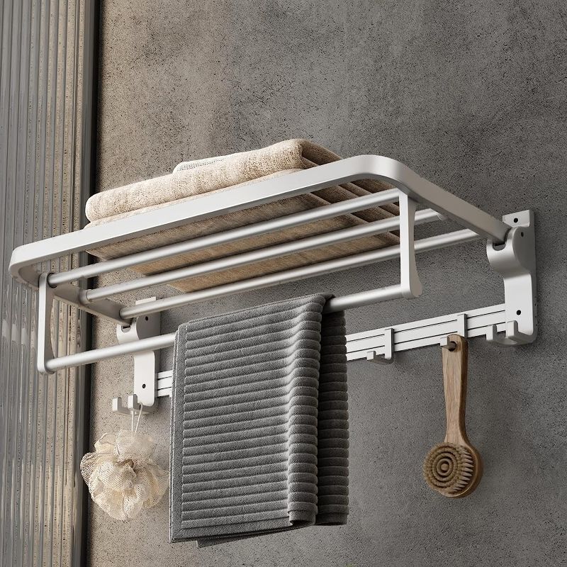 Photo 1 of 24 Inch Towel Rack with Towel Bar Holder Foldable Towel Shelf with Movable Hooks Rustproof Towel Storage Wall Mount for Bathroom Lavatory Silver
