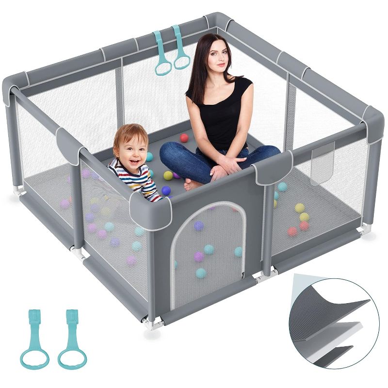 Photo 1 of Baby Playpen, Kids Large Baby Playard, Playpen for Babies and Toddlers with Gate Indoor & Outdoor Kids Activity Center, Sturdy Safety Play Yard with Breathable Mesh, Kid's Fence for Infants (Grey)